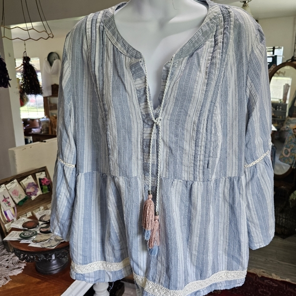 Knox Rose tunic top blue pins strip with pink and blue tassel tie size xxl - Picture 1 of 4